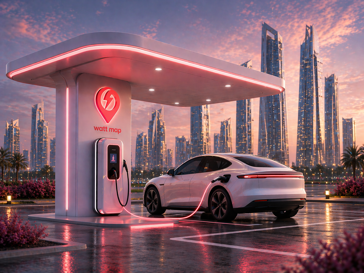 Watt Map branded EV charging station with an electric car in a city setting at sunset