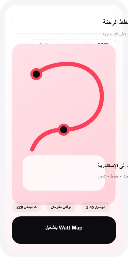 لقطة شاشة عربية لمخطط الرحلات في Watt Map تعرض مسار رحلة وتوقفات شحن مقترحة