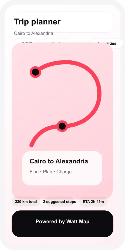 English Watt Map trip planner screenshot showing Cairo to Alexandria route planning