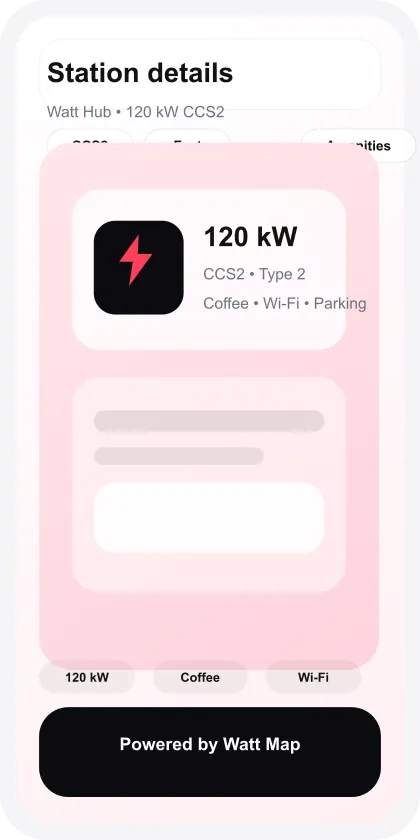 English Watt Map station details screenshot showing power level and amenities